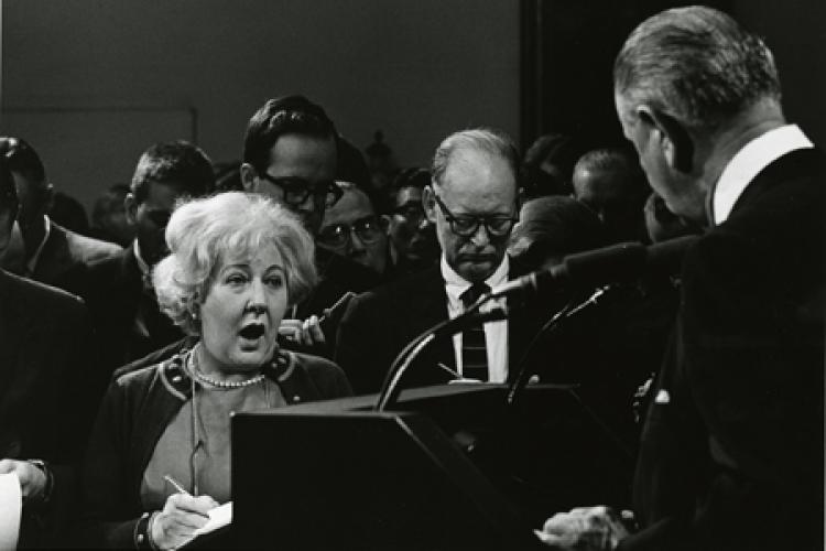 Sarah McClendon and President Lyndon B. Johnson