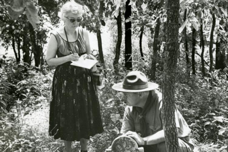 Lucile Morris Upton documenting graves at Philibert Cemetery in 1956