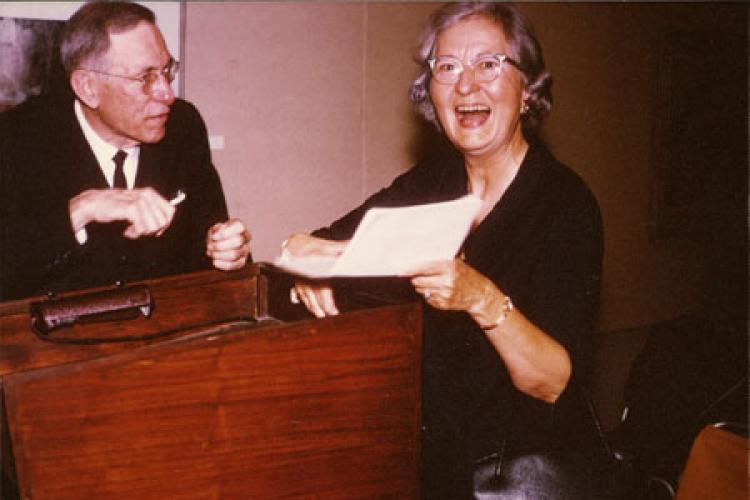 Lucile Morris Upton with Allen Humphries at a Greene County Historical Society meeting in 1966.